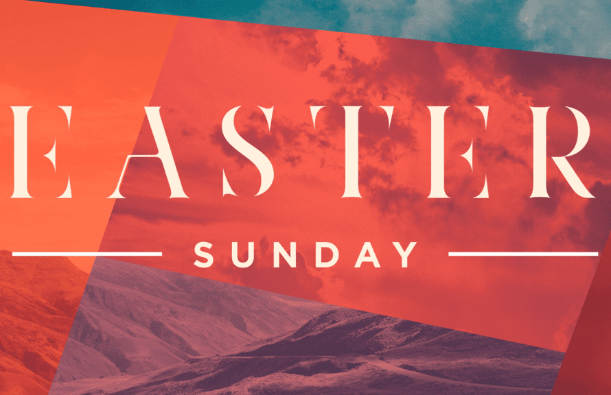 Easter Sunday graphic with mountains and clouds.