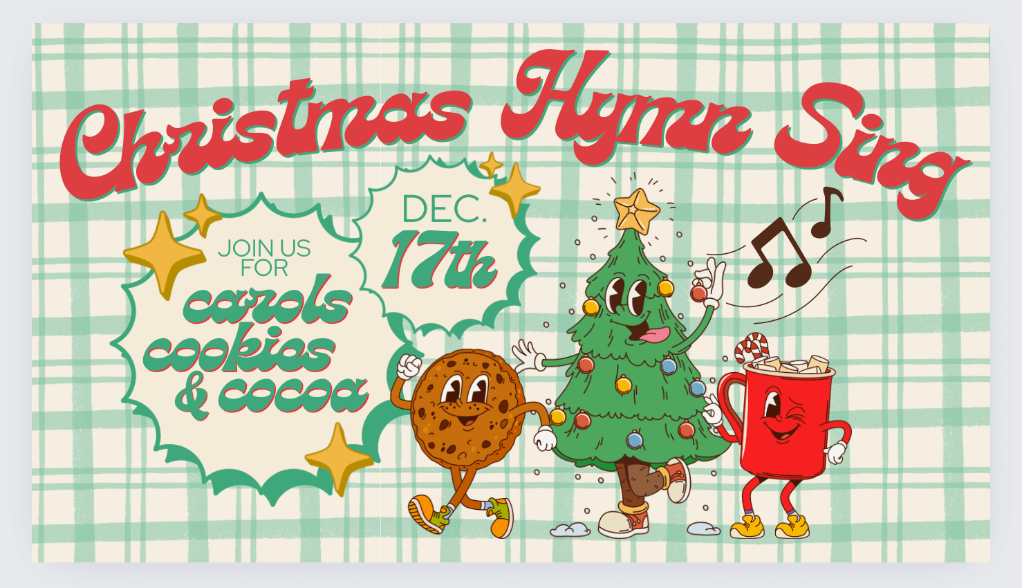 Christmas hymn sing event with festive characters.
