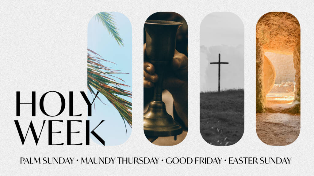 Holy Week collage with religious symbols.