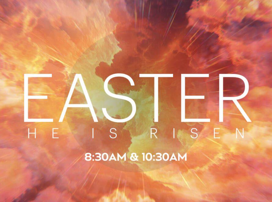 Easter "He Is Risen" over glowing sunrise clouds