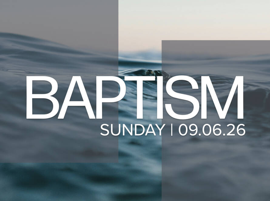 Baptism announcement over serene water background.