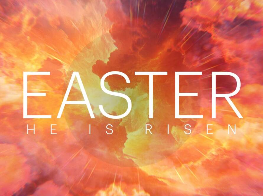 Easter "He Is Risen" text over vibrant clouds